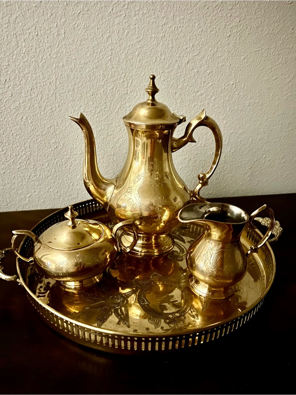 Vintage Brass Tea Set with Tray Made in India. Est age 1975-1980